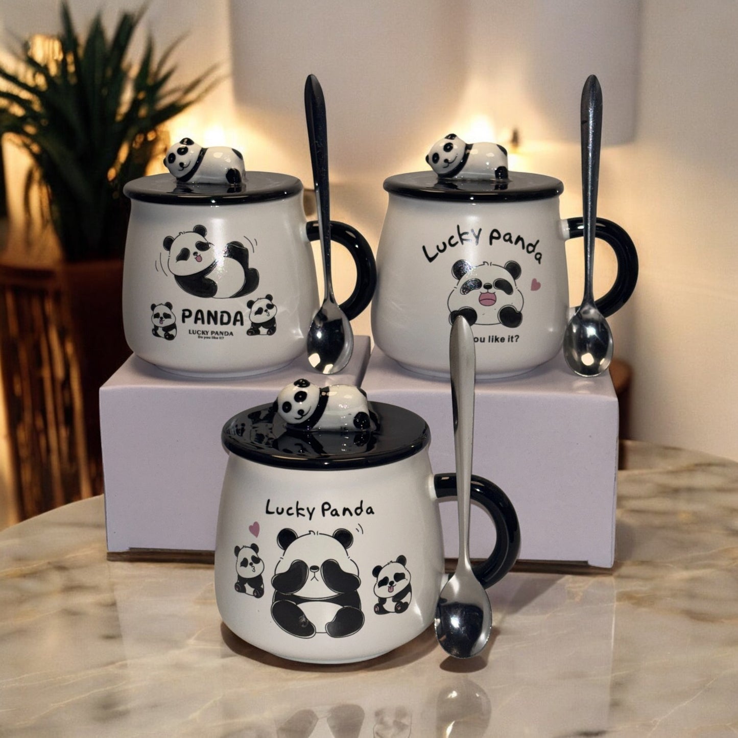 Fortune Panda Ceramic Mug (With Spoon and Lid)