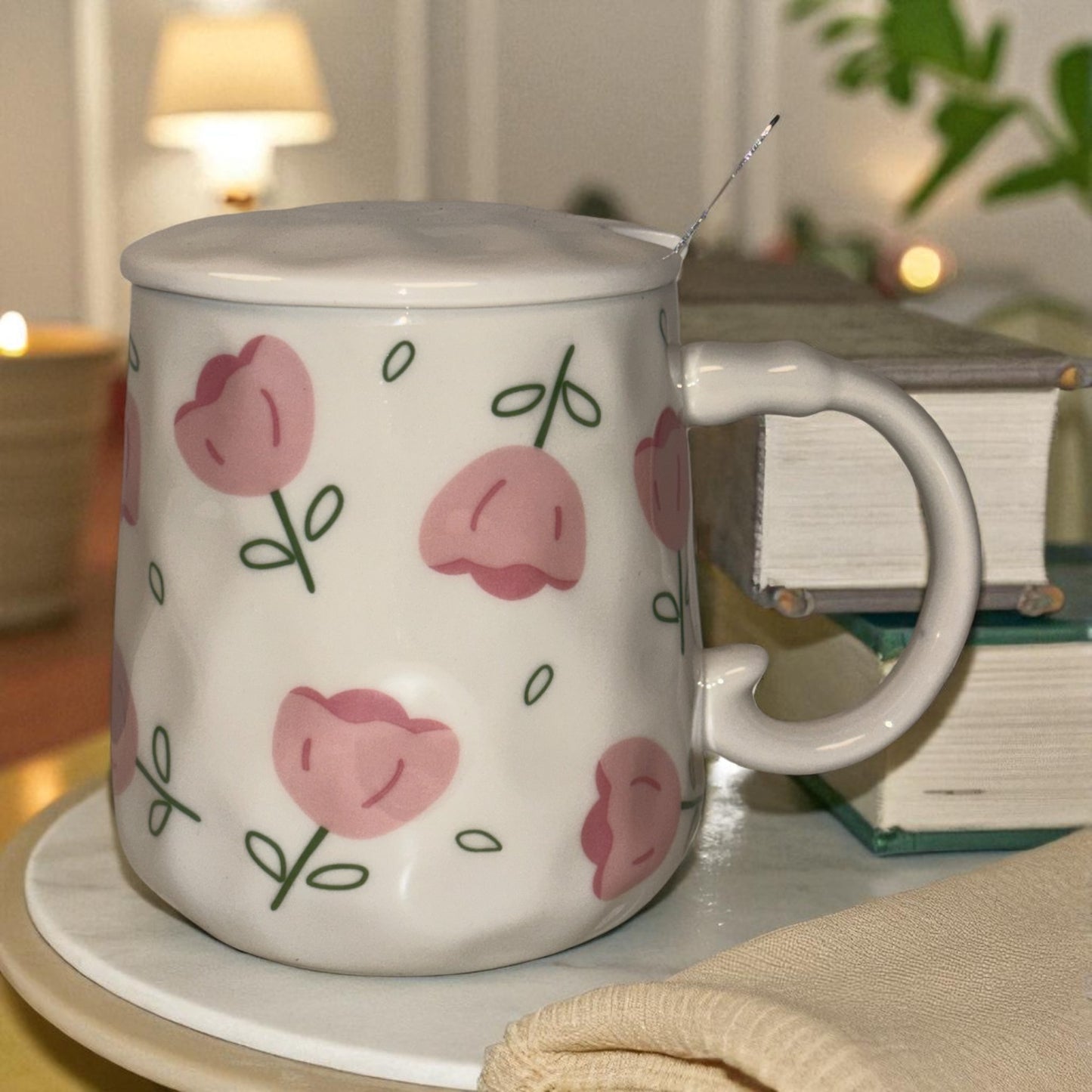 Blush Bloom Ceramic Mug (With Spoon and Lid) - Tulip