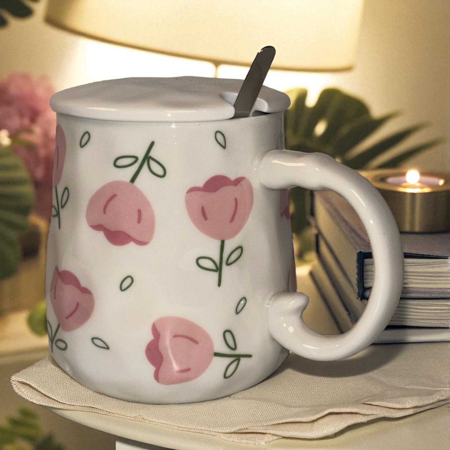 Blush Bloom Ceramic Mug (With Spoon and Lid) - Tulip
