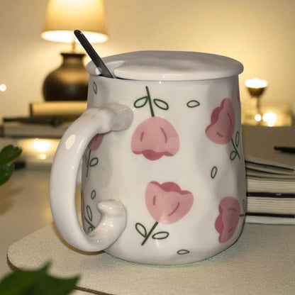 Blush Bloom Ceramic Mug (With Spoon and Lid) - Tulip