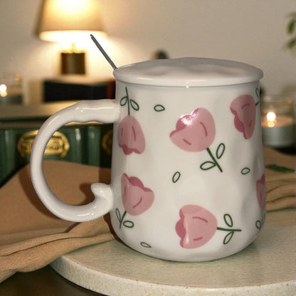Blush Bloom Ceramic Mug (With Spoon and Lid) - Tulip