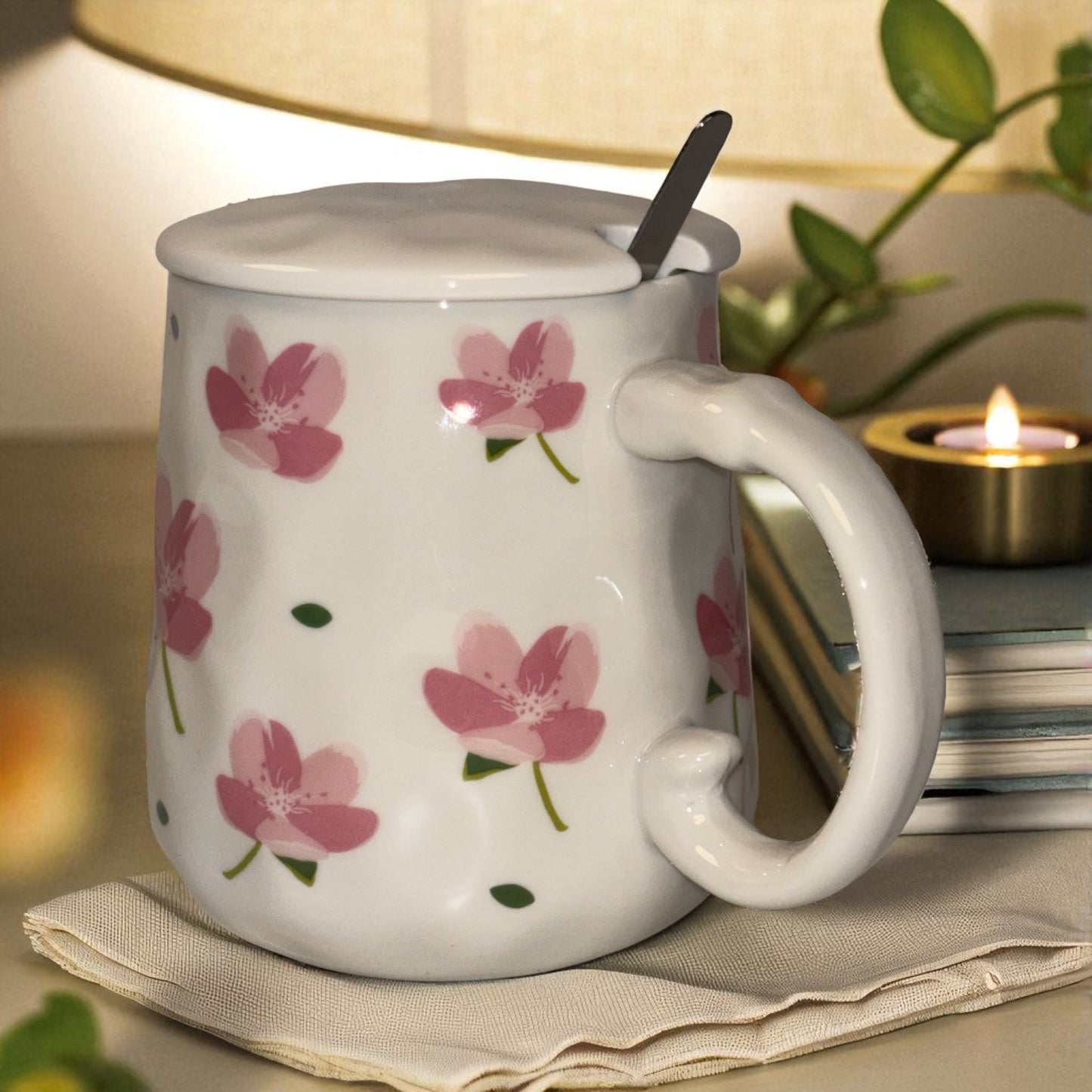 Blush Bloom Ceramic Mug (With Spoon and Lid) - Sakura