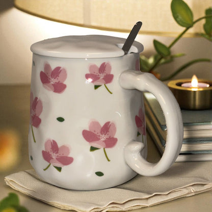 Blush Bloom Ceramic Mug (With Spoon and Lid) - Sakura
