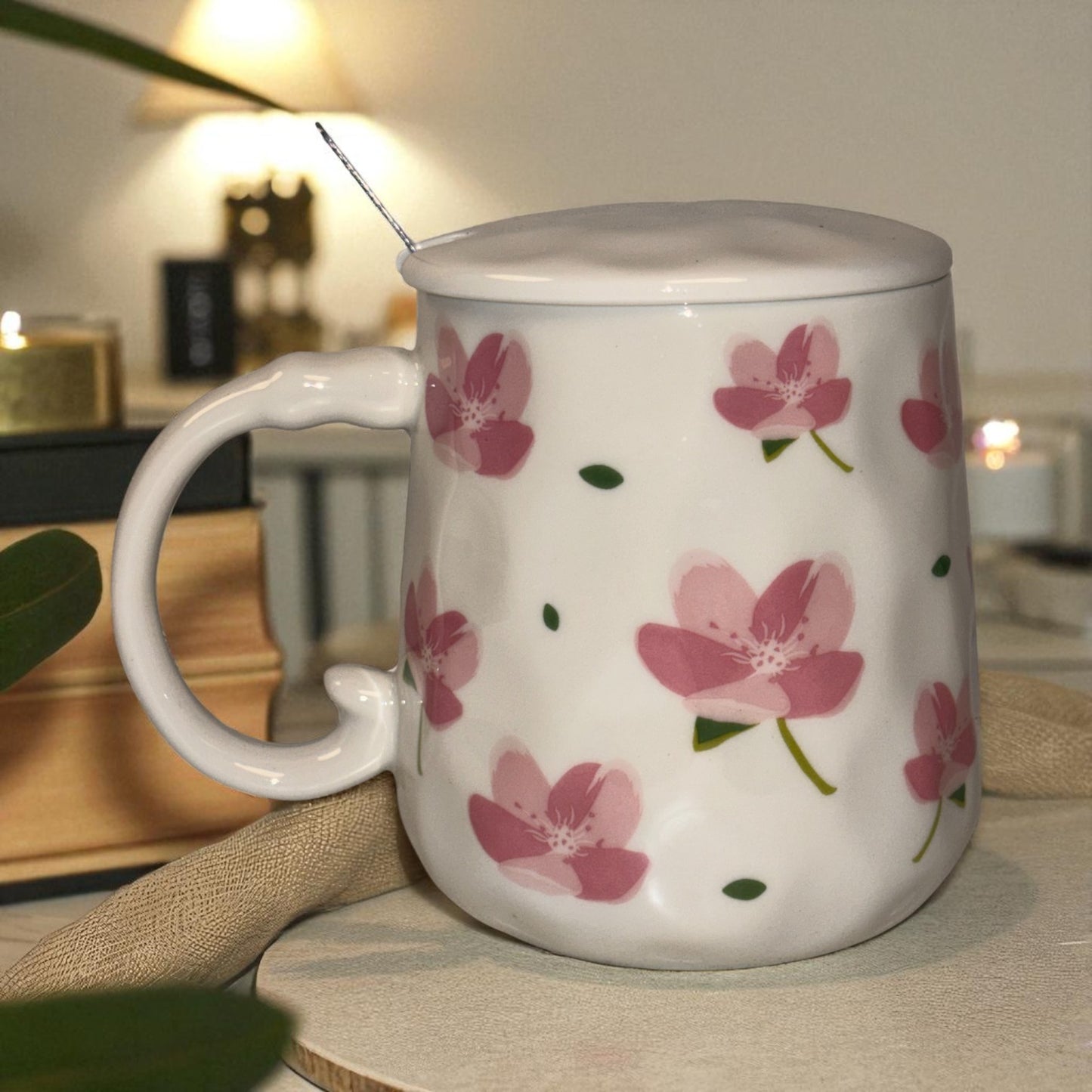 Blush Bloom Ceramic Mug (With Spoon and Lid) - Sakura