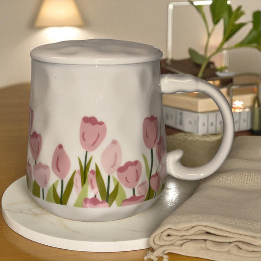 Blush Bloom Ceramic Mug (With Spoon and Lid) - Tulip Rise
