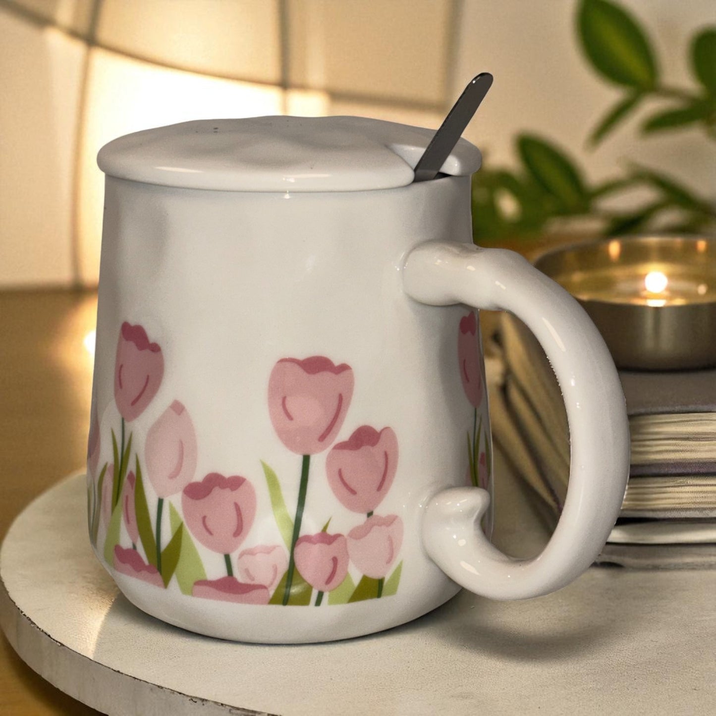 Blush Bloom Ceramic Mug (With Spoon and Lid) - Tulip Rise