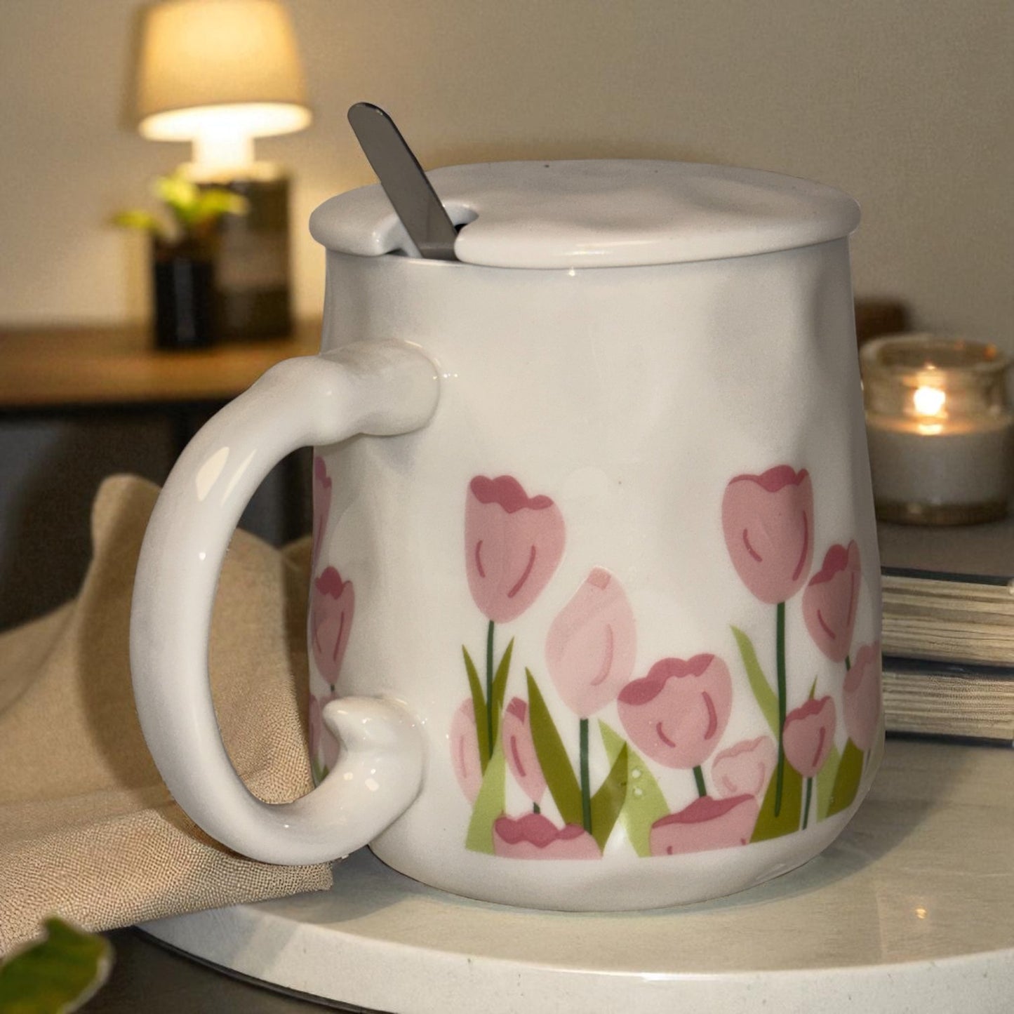 Blush Bloom Ceramic Mug (With Spoon and Lid) - Tulip Rise
