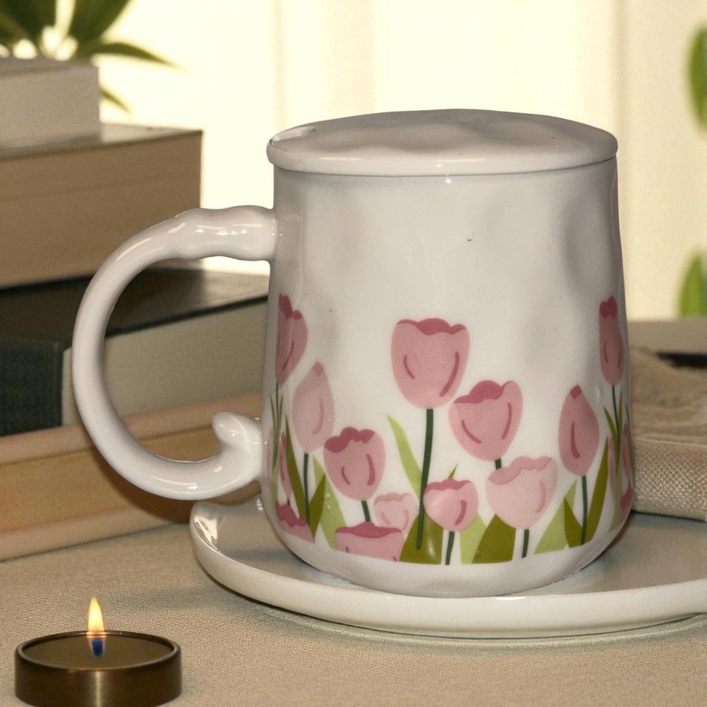 Blush Bloom Ceramic Mug (With Spoon and Lid) - Tulip Rise