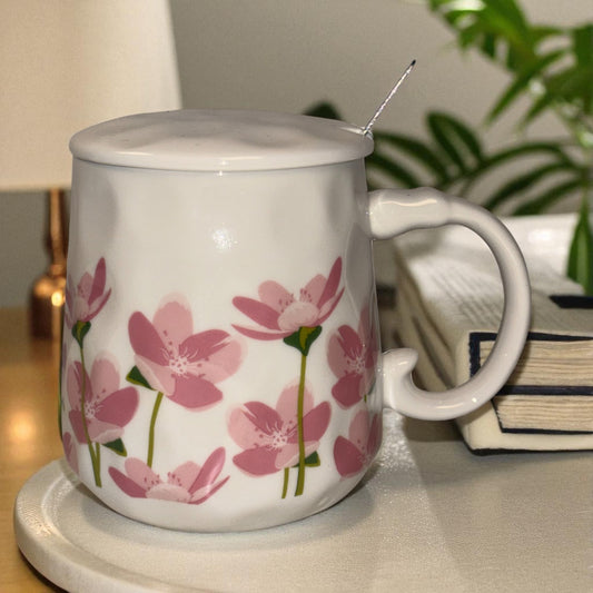 Blush Bloom Ceramic Mug (With Spoon and Lid) - Sakura Rise