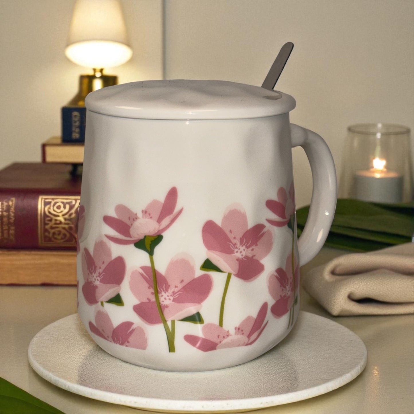 Blush Bloom Ceramic Mug (With Spoon and Lid) - Sakura Rise