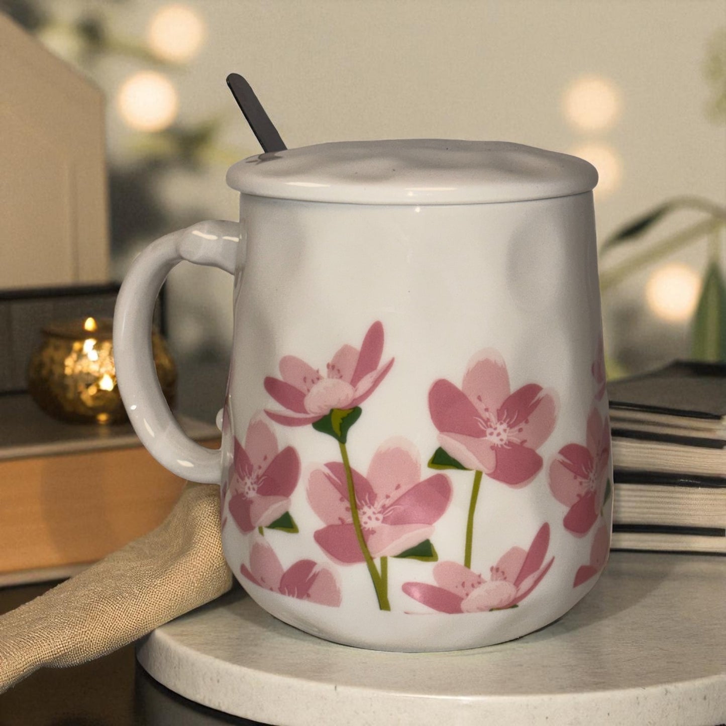 Blush Bloom Ceramic Mug (With Spoon and Lid) - Sakura Rise