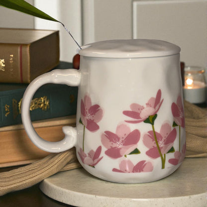 Blush Bloom Ceramic Mug (With Spoon and Lid) - Sakura Rise
