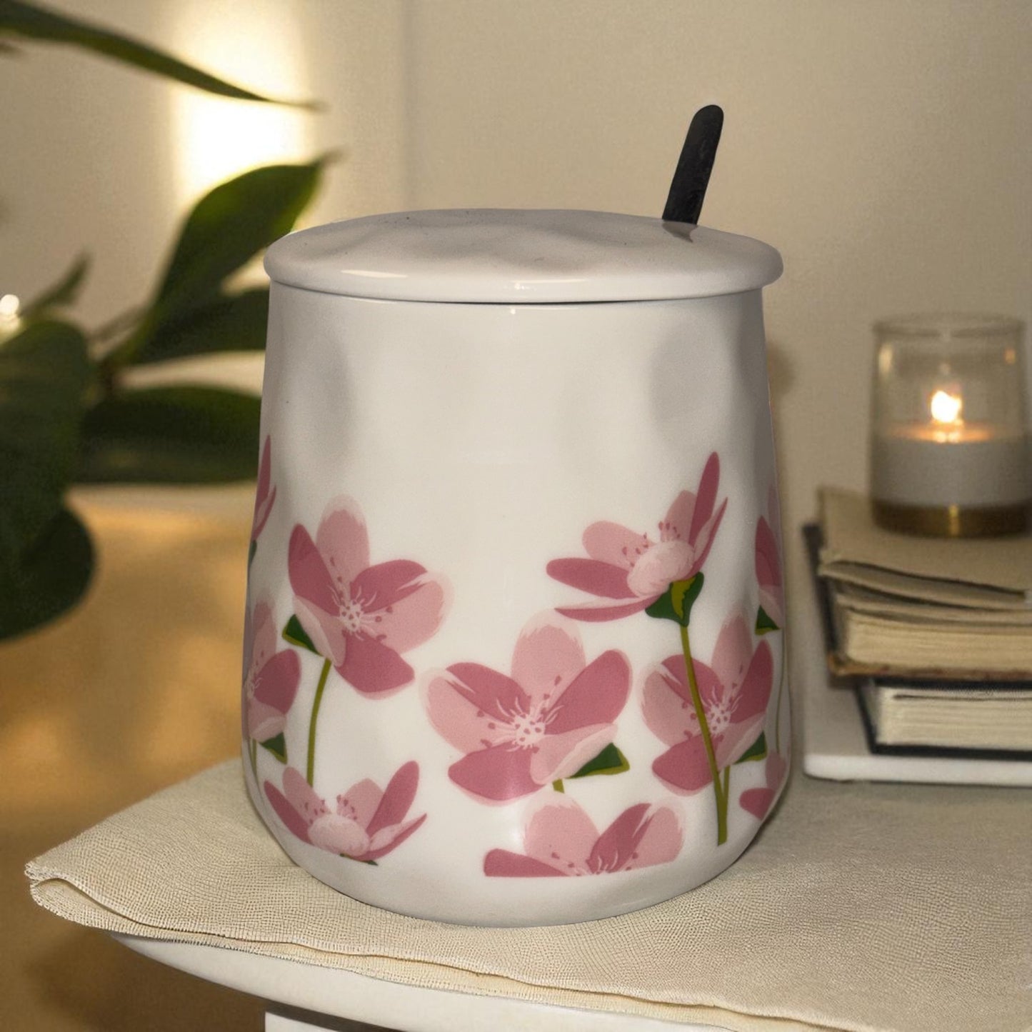 Blush Bloom Ceramic Mug (With Spoon and Lid) - Sakura Rise