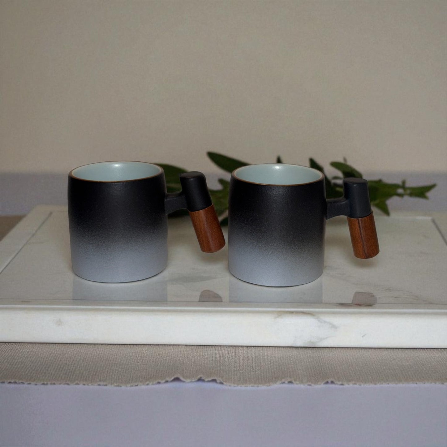 Wabi Fade Demitasse Cup (80 ml Espresso Cup) - Black and White - Wooden Handle