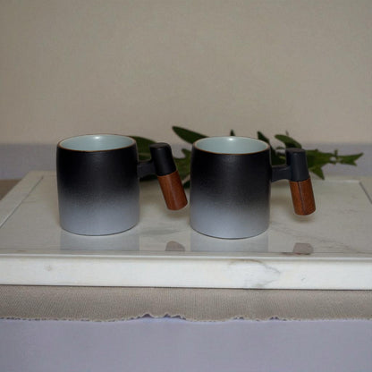 Wabi Fade Demitasse Cup (80 ml Espresso Cup) - Black and White - Wooden Handle