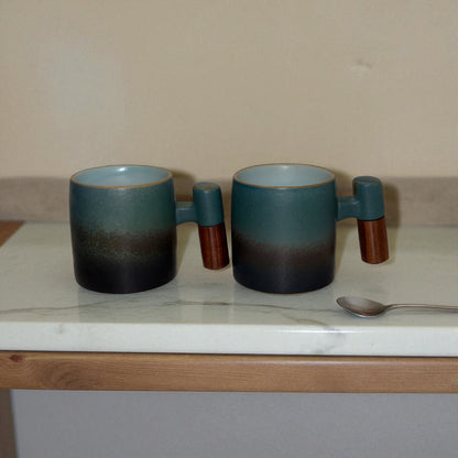 Wabi Fade Demitasse Cup (80 ml Espresso Cup) - Green and Black - Wooden handle