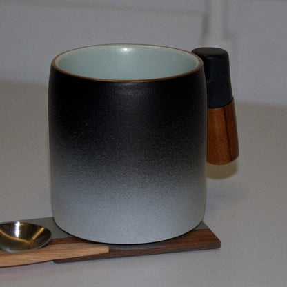Wabi Fade Demitasse Cup (80 ml Espresso Cup) - Black and White - Wooden Handle