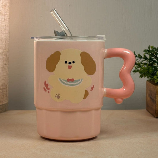 Multipurpose Pink Puppy Ceramic Tumbler (With Straw and Lid)