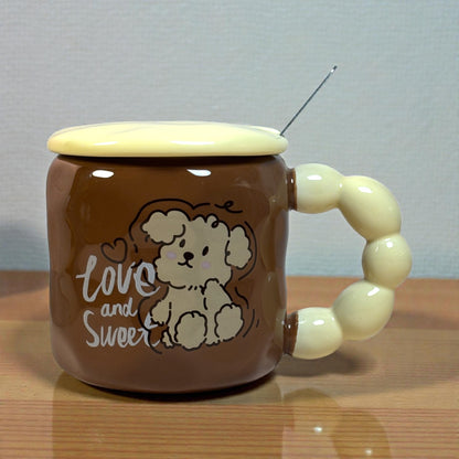 Pastel Pup Ceramic Mug (With Spoon and Lid) - Brown