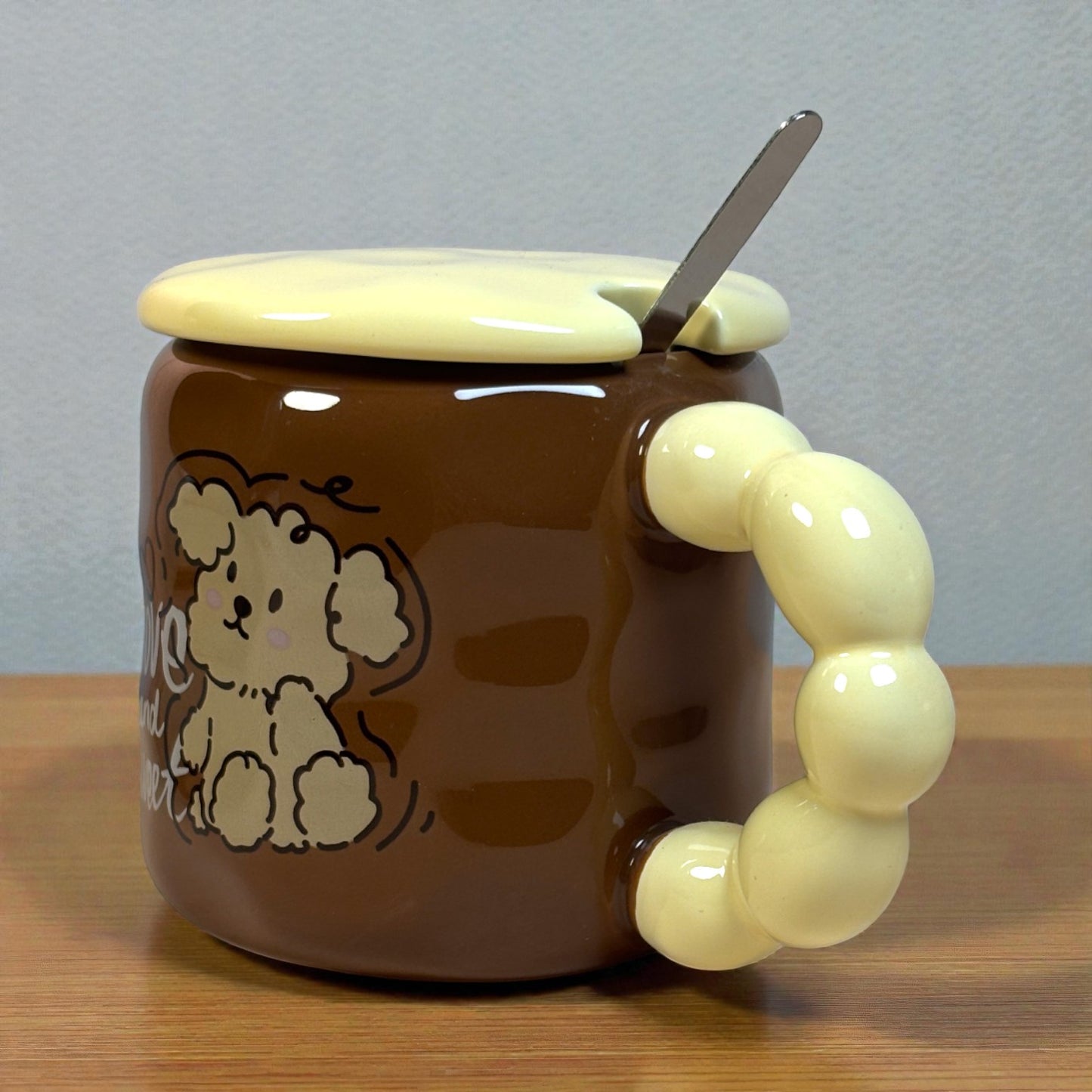 Pastel Pup Ceramic Mug (With Spoon and Lid) - Brown