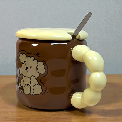 Pastel Pup Ceramic Mug (With Spoon and Lid) - Brown