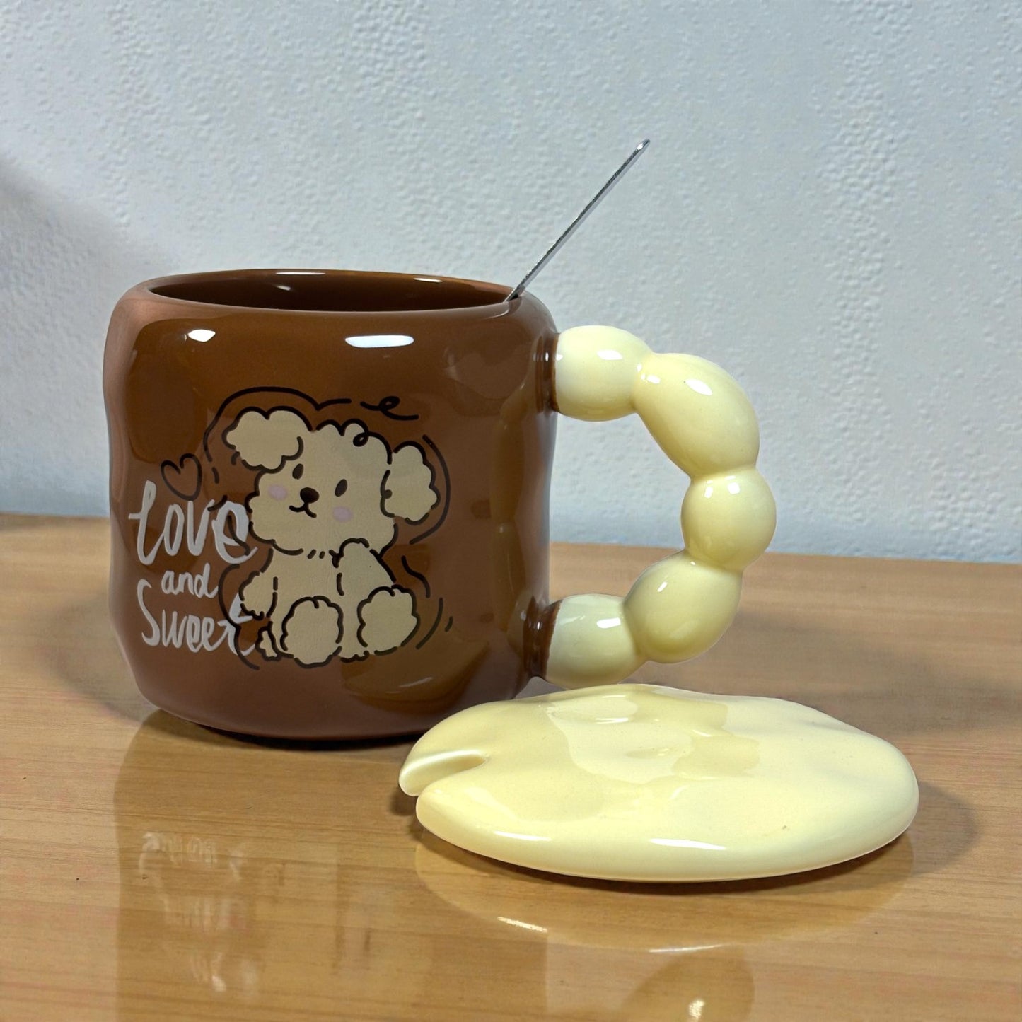 Pastel Pup Ceramic Mug (With Spoon and Lid) - Brown