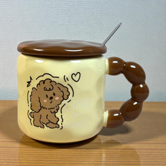 Pastel Pup Ceramic Mug (With Spoon and Lid) - Biege