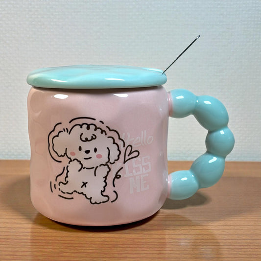 Pastel Pup Ceramic Mug (With Spoon and Lid) - Pink