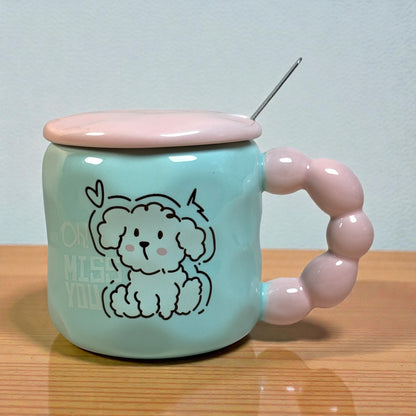 Pastel Pup Ceramic Mug (With Spoon and Lid) - Blue