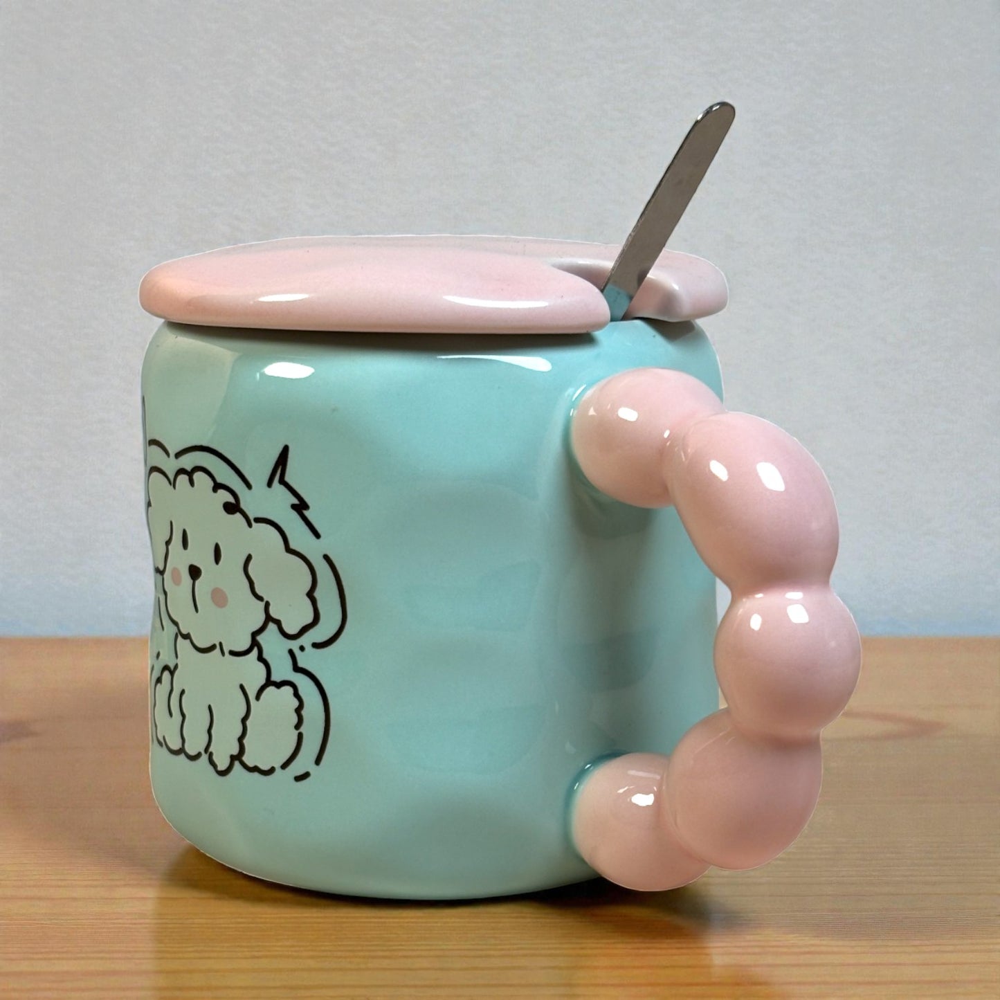 Pastel Pup Ceramic Mug (With Spoon and Lid) - Blue