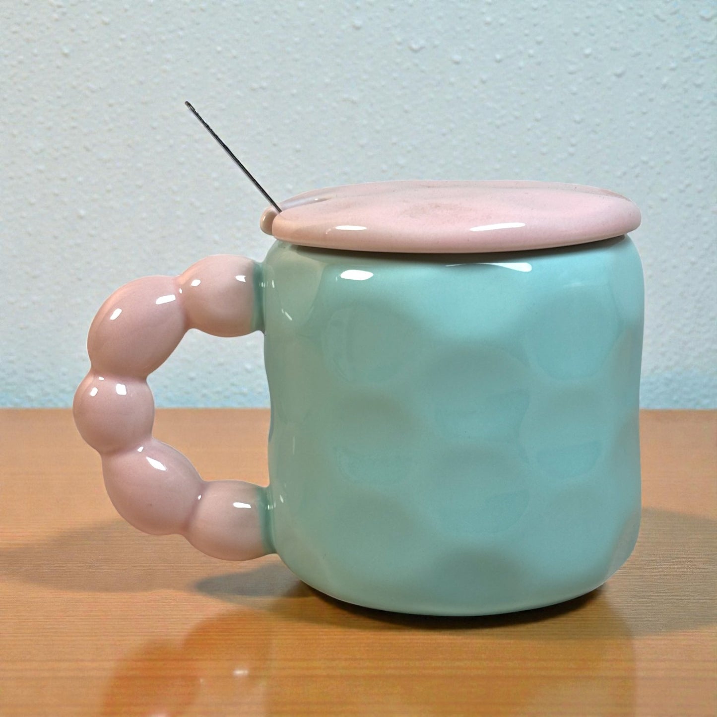 Pastel Pup Ceramic Mug (With Spoon and Lid) - Blue