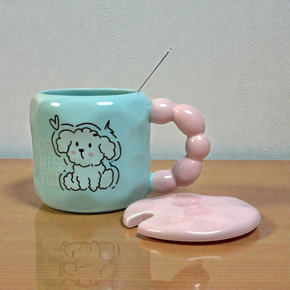 Pastel Pup Ceramic Mug (With Spoon and Lid) - Blue