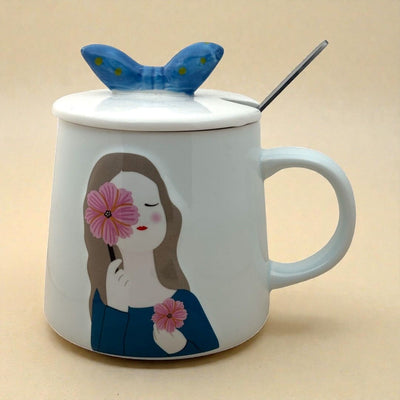 Serene Savage Ceramic Cup (With Spoon and Lid) - Cornflower