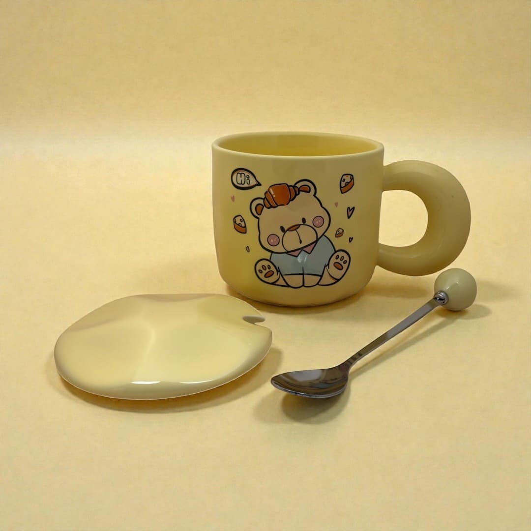 Tiny Greets Ceramic Mug (With Spoon and Lid) - Teddy