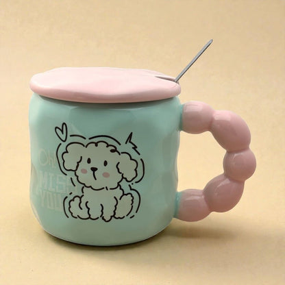 Pastel Pup Ceramic Mug (With Spoon and Lid) - Blue
