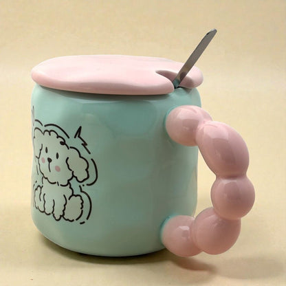 Pastel Pup Ceramic Mug (With Spoon and Lid) - Blue