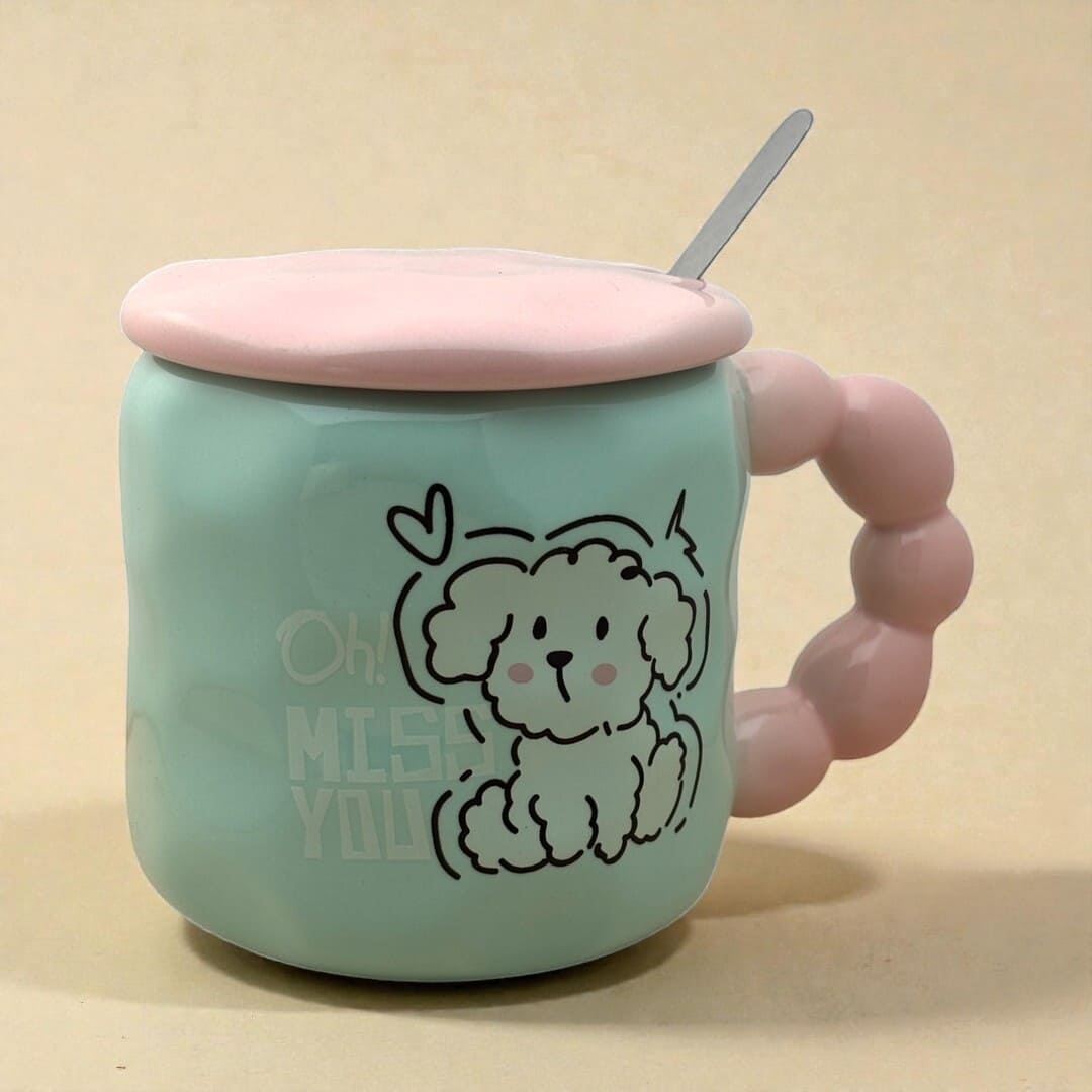 Pastel Pup Ceramic Mug (With Spoon and Lid) - Blue