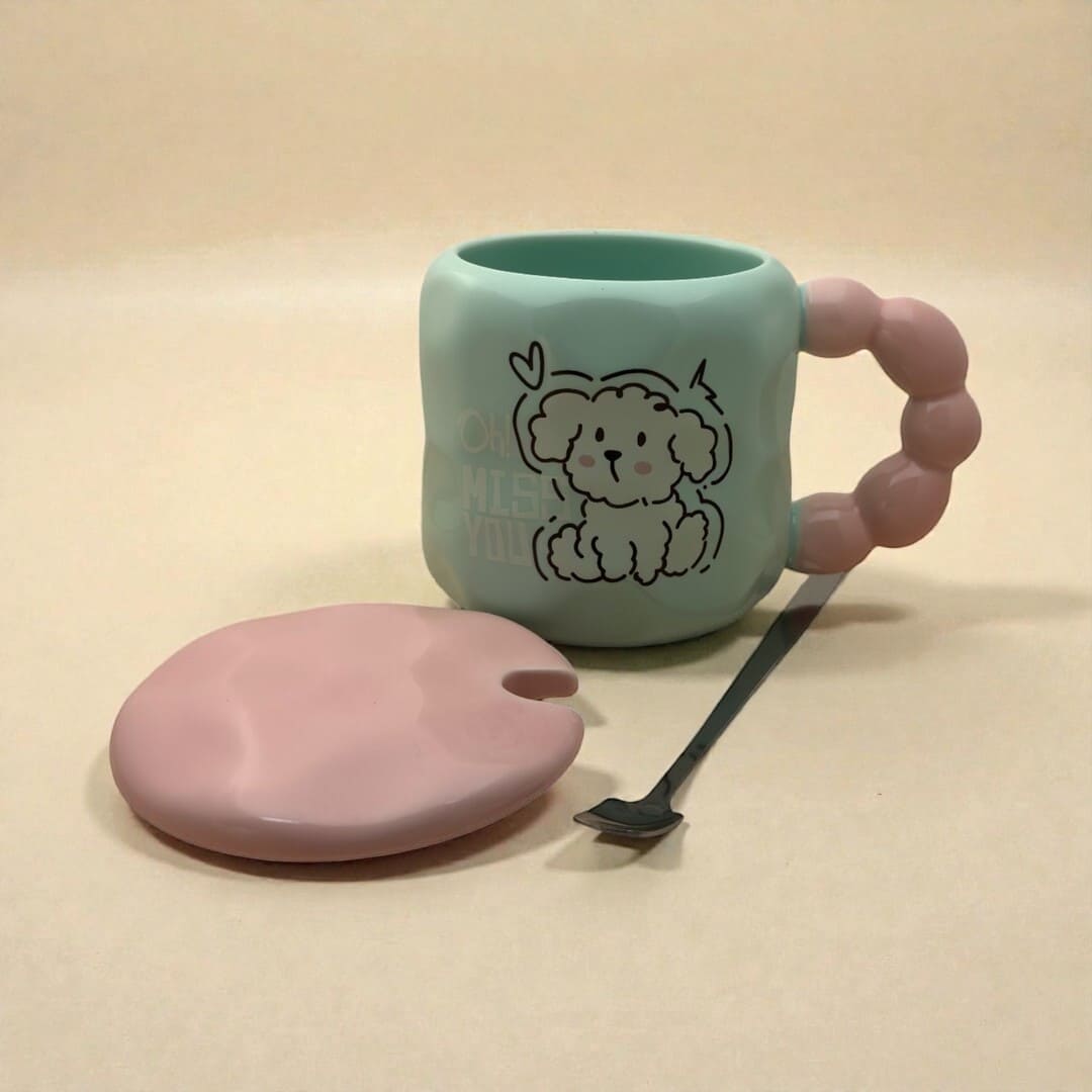 Pastel Pup Ceramic Mug (With Spoon and Lid) - Blue