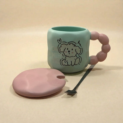 Pastel Pup Ceramic Mug (With Spoon and Lid) - Blue