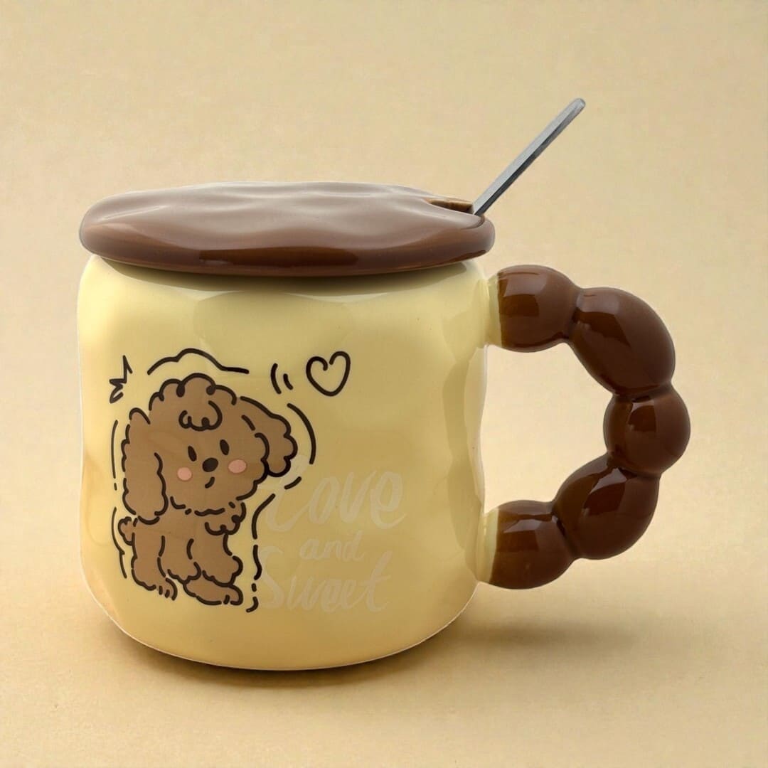 Pastel Pup Ceramic Mug (With Spoon and Lid) - Biege
