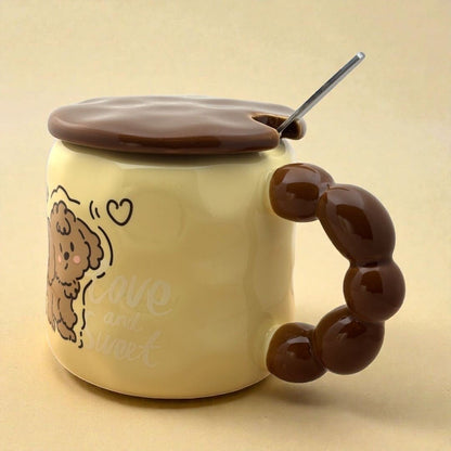 Pastel Pup Ceramic Mug (With Spoon and Lid) - Biege