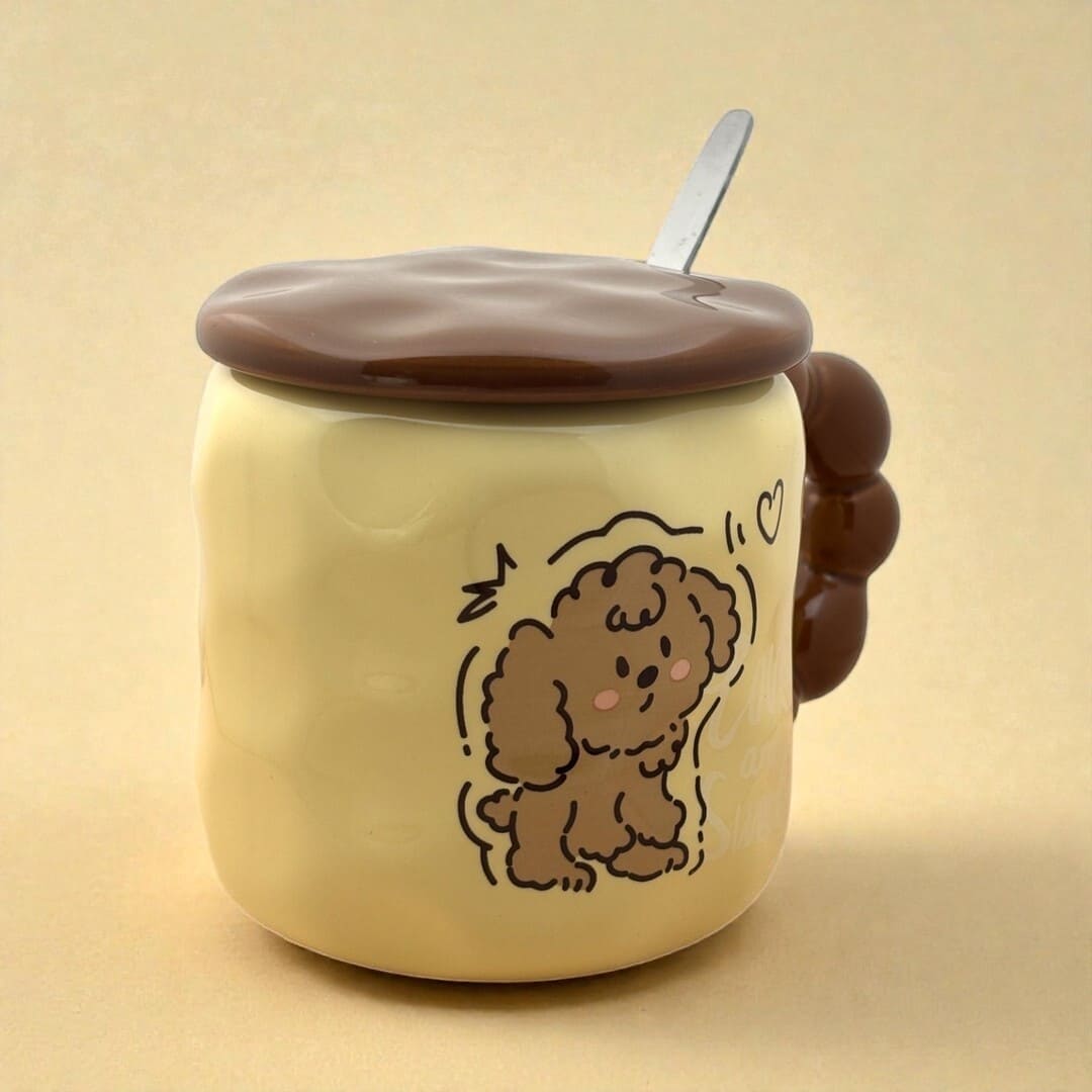 Pastel Pup Ceramic Mug (With Spoon and Lid) - Biege