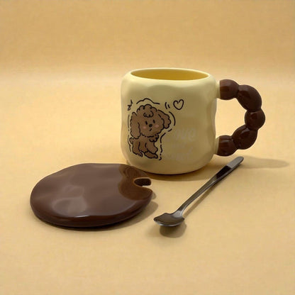 Pastel Pup Ceramic Mug (With Spoon and Lid) - Biege