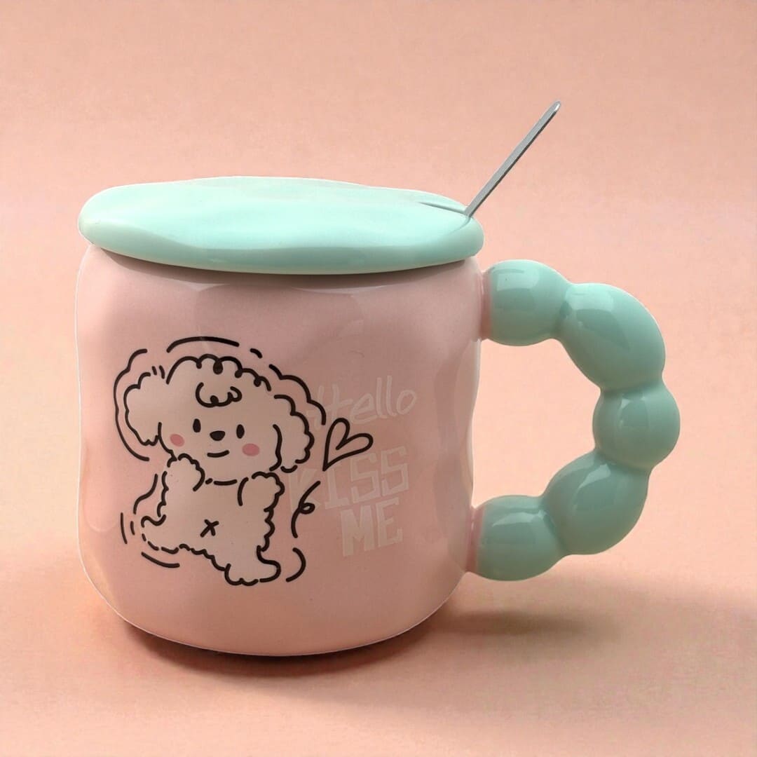 Pastel Pup Ceramic Mug (With Spoon and Lid) - Pink