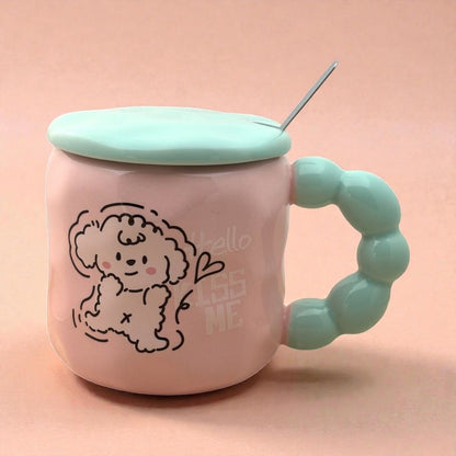Pastel Pup Ceramic Mug (With Spoon and Lid) - Pink