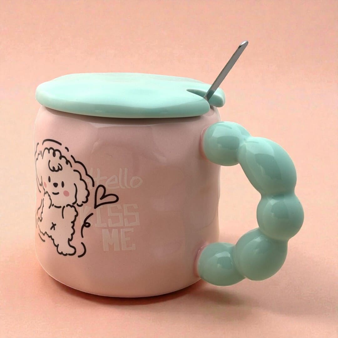 Pastel Pup Ceramic Mug (With Spoon and Lid) - Pink