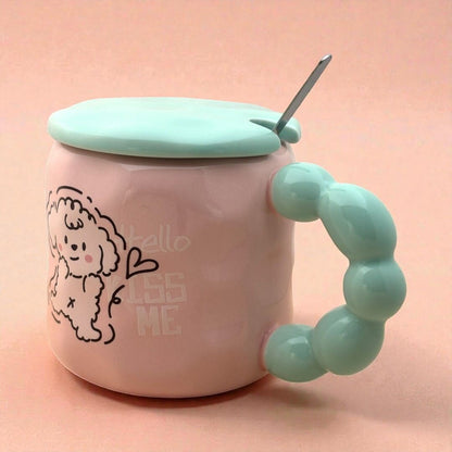Pastel Pup Ceramic Mug (With Spoon and Lid) - Pink