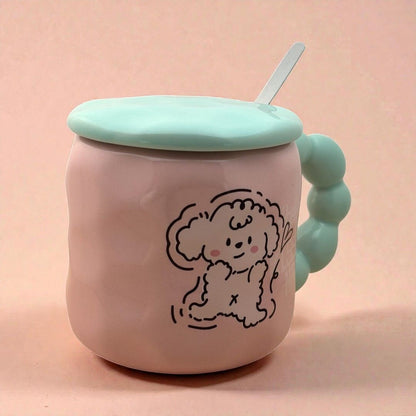Pastel Pup Ceramic Mug (With Spoon and Lid) - Pink