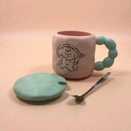 Pastel Pup Ceramic Mug (With Spoon and Lid) - Pink