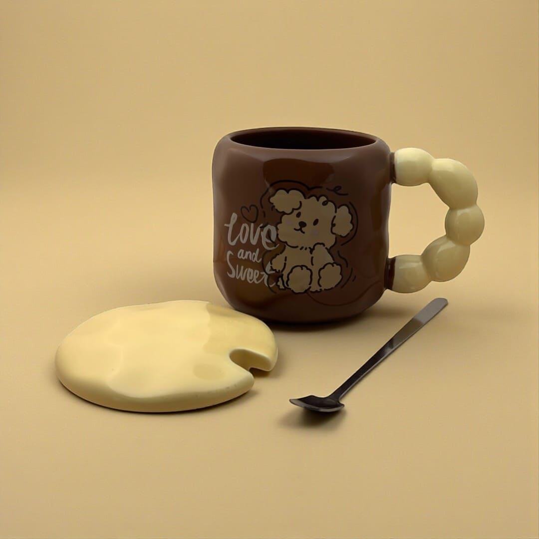Pastel Pup Ceramic Mug (With Spoon and Lid) - Brown